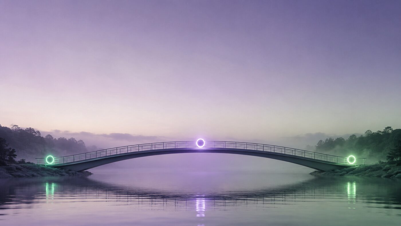 A calm misty bridge over water with three glowing waypoints — the care pathway from GP, across the vestibular physician bridge, to subspecialty care
